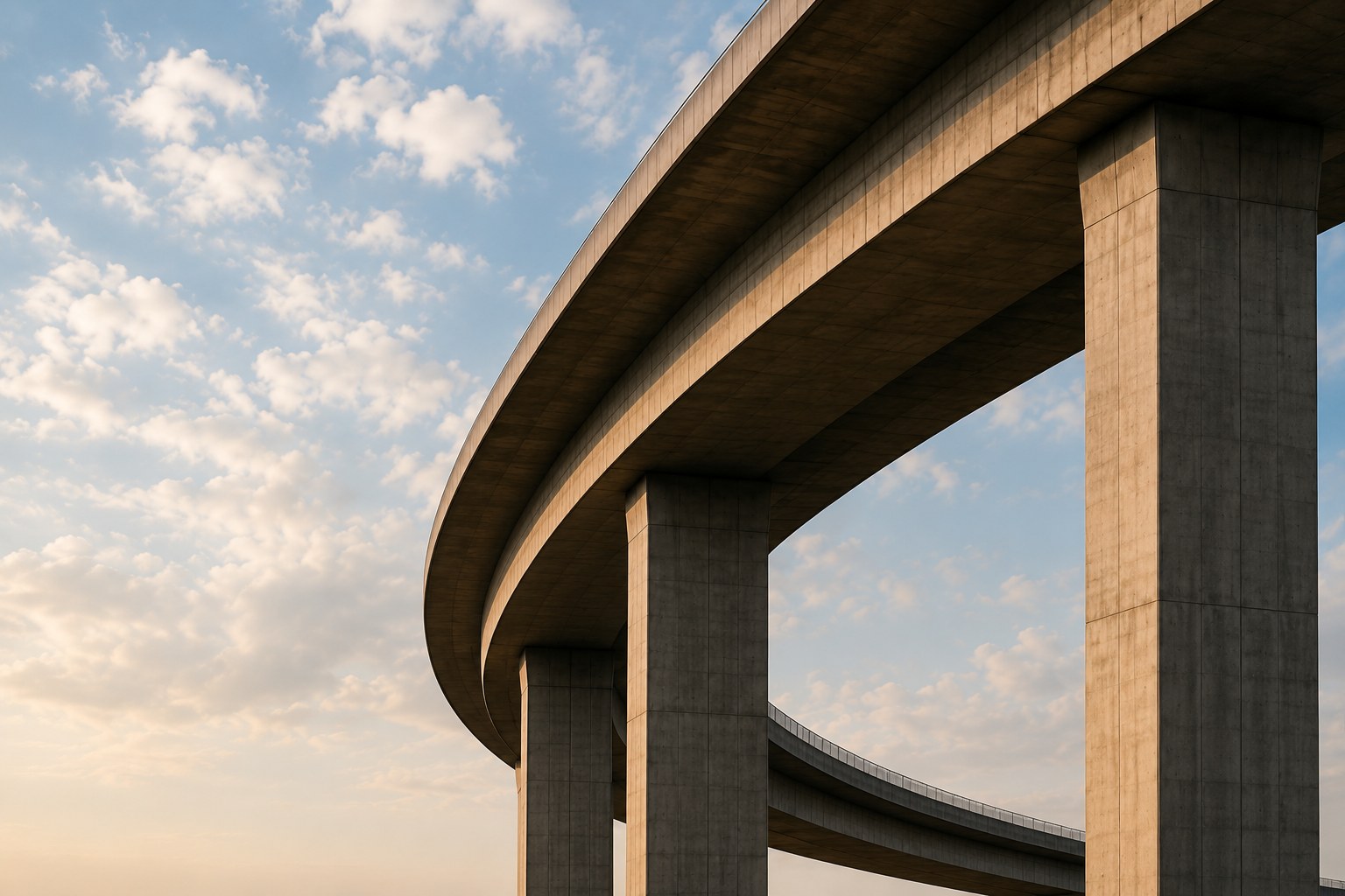 Elevated highway flyover, viewed from below against a bright sky